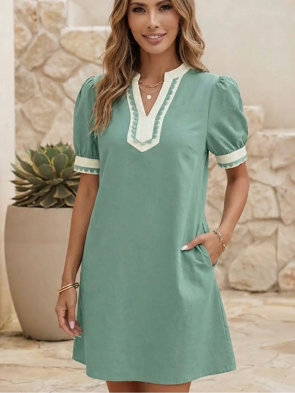 Green Mini Dress with Contrast Trim
